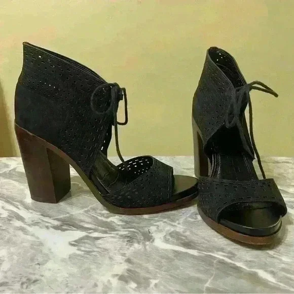 Gianni Bini Shoes Womens Size 9.5 Black Block Heel Lace Leather Peep Toe Cutout - Picture 7 of 12